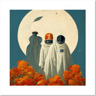 astronaut with moon backgroundastronauts celebrate halloween on mars Posters and Art